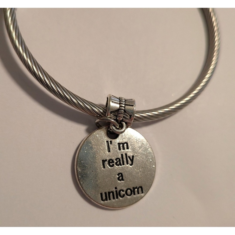 Silver Tone Cable Wire Bangle Bracelet I'm Really A Unicorn Charm